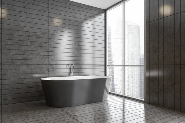 Corner Stylish Bathroom Gray Tiled Walls Floor Comfortable Bathtub Rendering — Stock Photo, Image