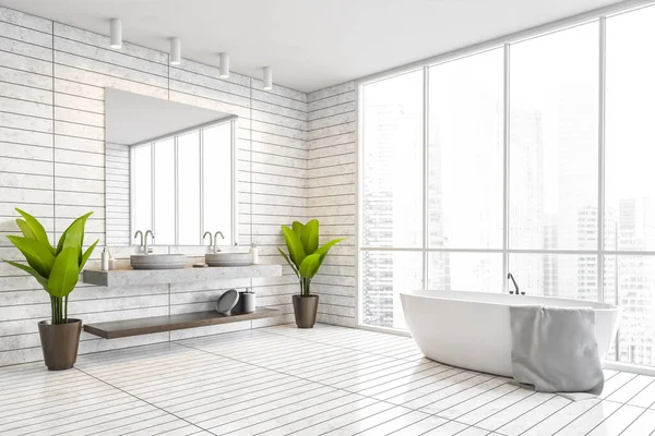 Canto Banheiro Moderno Com Paredes Azulejos Brancos Piso Pia Dupla — Fotografia de Stock