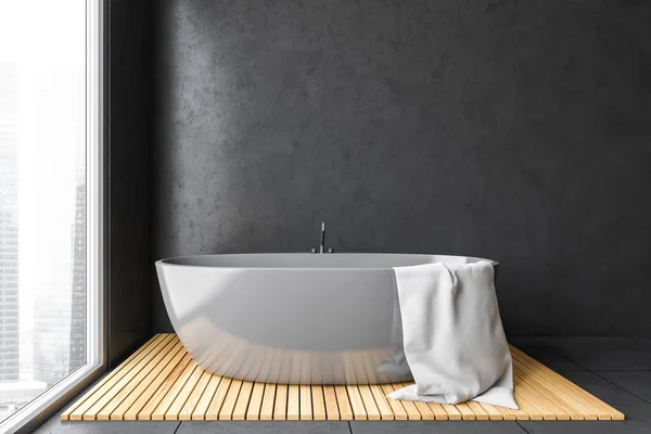 深色灰色浴室 浴缸在木制地毯上 靠近大窗户 带有黑色瓷砖地板3D渲染的现代灰色浴室的简约设计 — 图库照片
