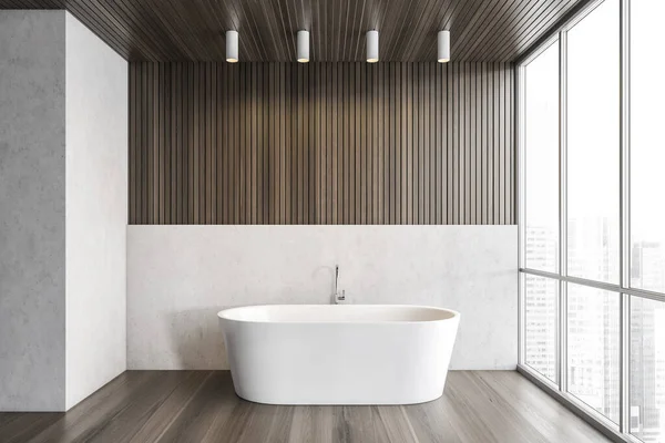 Bílá Vana Koupelně Minimalistický Bílý Dřevěný Design Pro Luxusní Byt — Stock fotografie