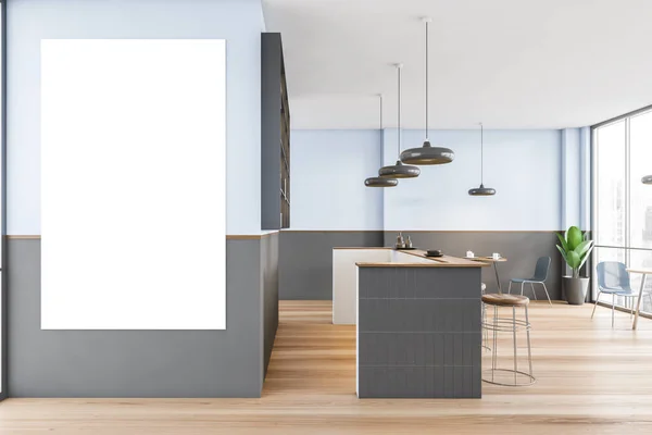 Mockup Frame Canvas Cafe Blauw Grijs Minimalistisch Design Bar Teller — Stockfoto