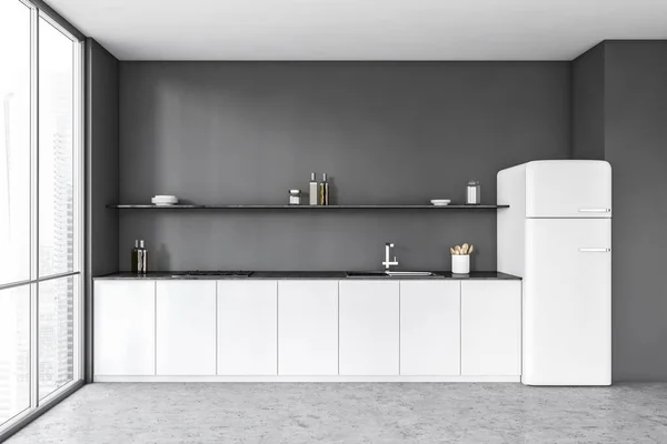 Graue Und Weiße Küche Mit Spüle Und Geräten Marmorboden Und — Stockfoto