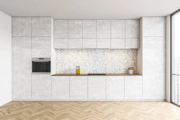 Interieur Van Moderne Keuken Met Witte Muren Houten Vloer Marmeren — Stockfoto