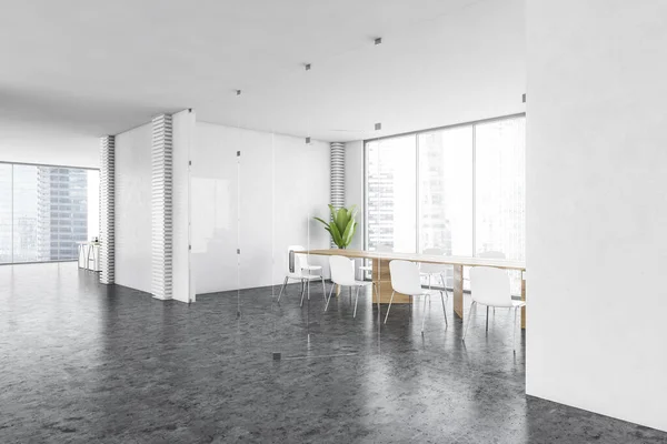 Corner Modern Meeting Room White Walls Concrete Floor Long Conference — Stock Photo, Image