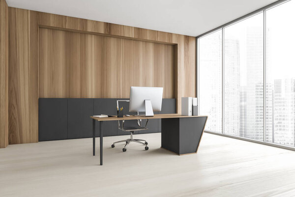 Corner of stylish CEO office with gray and wooden walls, wooden floor and wooden computer table. 3d rendering