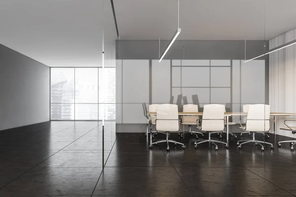 Black and white office conference room with white leather chairs and wooden table, window with city view. Meeting room in modern office on black tiled floor, 3D rendering no people