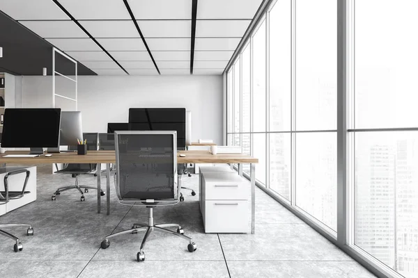 White Office Room Armchairs Computers Wooden Tables Window City View — Stock Photo, Image