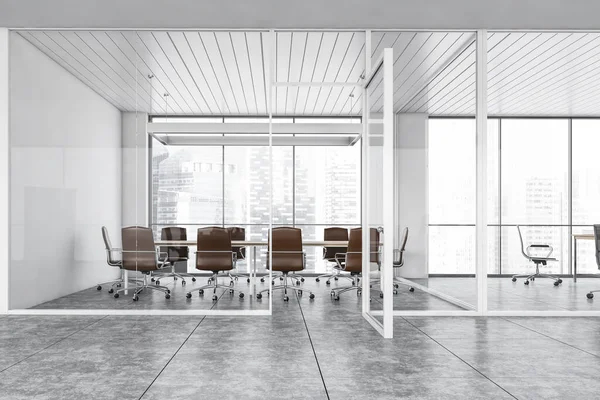 White open space office, conference room with leather chairs and wooden table. Meeting room near window behind glass doors, marble floor. 3D rendering, no people