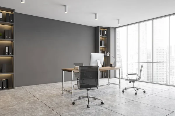 Ecke Des Modernen Ceo Büros Mit Grauen Wänden Gefliestem Boden — Stockfoto