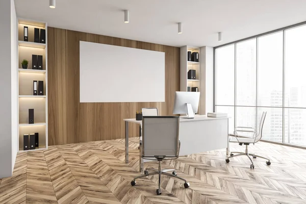 Ecke Des Modernen Ceo Büros Mit Holzwänden Und Fußboden Computertisch — Stockfoto
