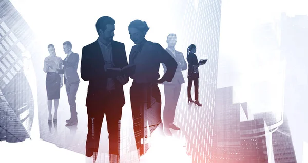 Silhouettes Business People Working Together Blurry Modern City Concept Partnership — Stock Photo, Image