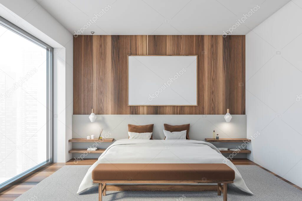 Mockup blank frame in wooden minimalist design of bedroom with white bed with brown linens on grey carpet, parquet floor. Grey and wooden walls 3D rendering, no people