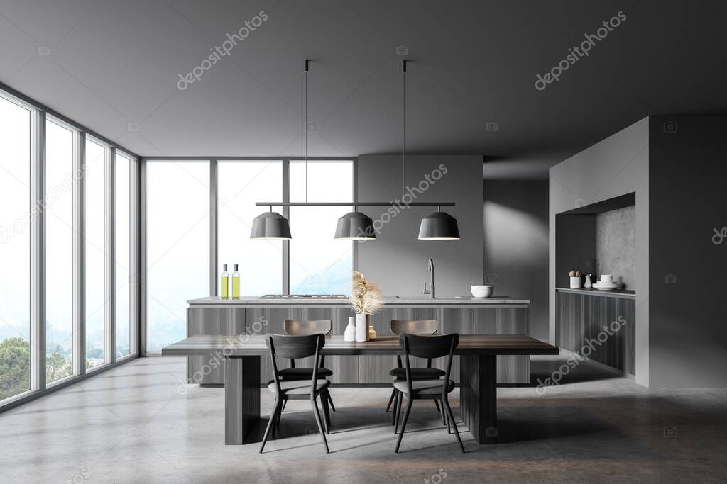 Interior of panoramic kitchen with gray walls, concrete floor, wooden island and dining table. 3d rendering