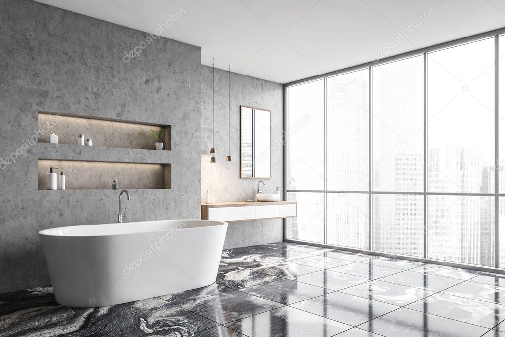 Corner of modern bathroom with concrete walls, marble floor, comfortable bathtub and two round sinks with mirror. 3d rendering