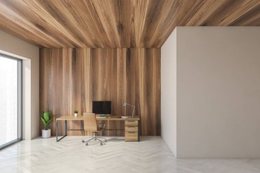 Bej ve ahşap duvarları, beton zemini ve bilgisayar masası olan modern CEO ofisinin içi. 3d oluşturma