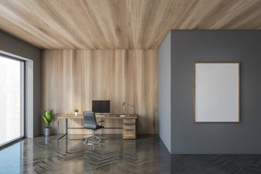Gri ve ahşap duvarları, beton zemini ve bilgisayar masası olan şık bir CEO ofisi. Dikey maket posteri. 3d oluşturma