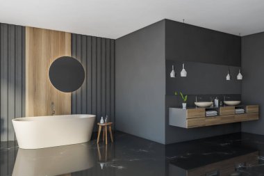 Gri ve ahşap duvarları, mermer zemini, rahat küveti ve çift lavabosu olan modern banyonun köşesi. 3d oluşturma