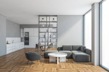 Arka planda gri kanepe ve beyaz mutfak seti olan stüdyo dairede oturma odası, kitaplık ve yemek odası. Minimalist oturma odasının modern tasarımı, 3 boyutlu, insan içermiyor