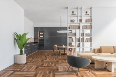 Arka planda bej kanepe ve siyah mutfak seti olan stüdyo dairede oturma odası, kitaplık ve yemek odası. Minimalist oturma odasının modern tasarımı, 3 boyutlu, insan içermiyor