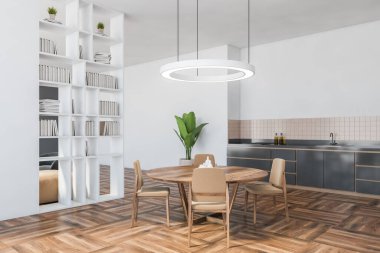 Beyaz ve gri yemek odası, parke zemininde ahşap masalı bej sandalyeler. Bitkili siyah mutfak seti, yeni mobilyaları olan açık uzay dairesi, 3D, kimseyi göstermiyor.