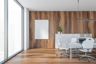 İşletme dosyaları için rafları olan ahşap ve beyaz ofislerdeki boş çerçeveler. Ofis masası ve dizüstü bilgisayarlı beyaz koltuklar. Minimalist ofis tasarımı 3D tasarım, insan yok