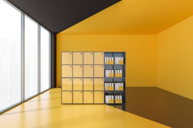 Pencerenin yanında klasörleri olan siyah ve sarı ofis odası. Minimalist ofis odası, sarı ve gri ofis dolapları, 3 boyutlu, kimseyi göstermiyor.