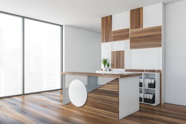 Ahşap ve beyaz ofis odasındaki resepsiyon masası. Minimalist kabul masası, yan görüş, pencere kenarındaki bitkiler, 3D, kimseyi göstermiyor