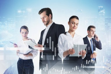 Portrait of four business people working with gadgets in blurry city with double exposure of financial graphs. Toned image