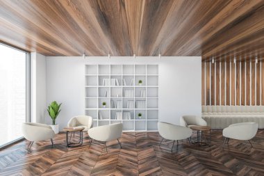Koltukları ve kahve masaları olan oturma odası, rahatlamak için okuma odası, duvarları kitaplarla kaplı beyaz bir kitaplık. Pencerenin yanında minimalist mobilyalar olan parke zemin, 3 boyutlu, kimseyi göstermiyor