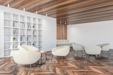 Koltukları ve kahve masaları olan oturma odası, rahatlama odası, yan görüş, kitaplarla dolu beyaz kitaplık. Parke zemin minimalist mobilyalarla dolu, 3 boyutlu, insan yok.