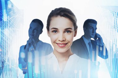 Portrait of three young business people working in blurry modern city with double exposure of financial graphs. Toned image
