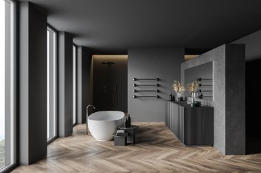 Gri ve beton duvarları, ahşap zemini, rahat küveti ve çift lavabosu olan şık bir banyo. 3d oluşturma