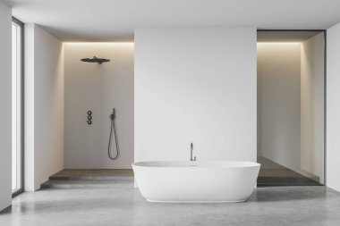 Modern banyo, beyaz duvarlar, beton zemin, rahat küvet ve duş kabini. 3d oluşturma
