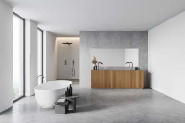 Beyaz ve beton duvarlı modern banyo manzarası, beton zemin, rahat küvet ve çift lavabo. 3d oluşturma