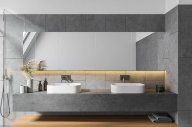 Beyaz duvarlı tavan arası banyosu, rahat çift lavabo ve büyük ayna. 3d oluşturma