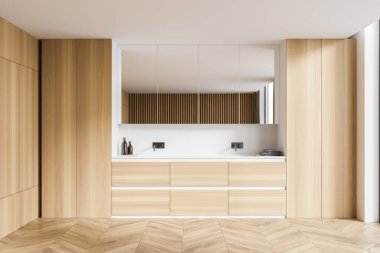 Ahşap duvarlı modern banyo, rahat çift lavabo ve ayna. 3d oluşturma