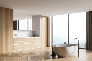 Ahşap duvarları ve zemini olan modern banyonun köşesi, rahat bir küvet ve çift lavabo. 3d oluşturma