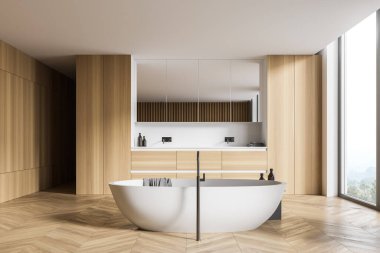 Ahşap duvarları, zemini, rahat küveti ve çift lavabosu olan modern bir banyo. 3d oluşturma