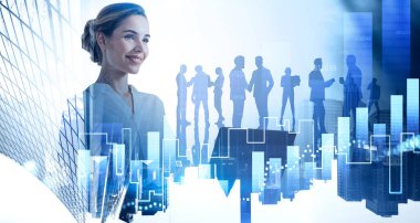 Portrait of smiling young businesswoman using laptop in blurry city with her team and double exposure of financial graphs. Toned image