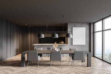 Koyu ahşap ve beton duvarları, ahşap zemini, dolapları, barı ve yemek masası olan şık bir mutfak. 3d oluşturma