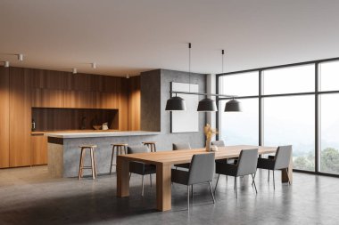 Modern mutfağın köşesinde ahşap ve beton duvarlar, beton zemin, dolaplar, bar ve yemek masası. 3d oluşturma