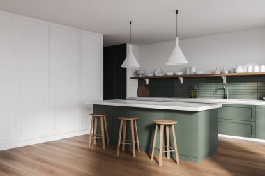 Beyaz ve yeşil duvarları olan şık bir mutfağın köşesi, ahşap zemin, yeşil dolaplar ve bar. 3d oluşturma