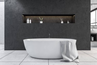 Havlu küvetli gri ve beyaz banyo, ön manzara. Minimalist tasarım modern fayanslı banyo, beyaz fayanslı zemin döşemesi 3D, insan yok