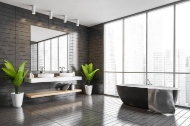 Gri fayanslı duvarları ve zemini olan şık banyonun köşesi, çift lavabo ve rahat küvet. 3d oluşturma