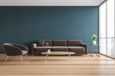 Mavi duvarları, ahşap zemini, gri kanepesi ve yuvarlak kahve masasının yanında duran koltuğu olan modern oturma odasının içi. 3d oluşturma