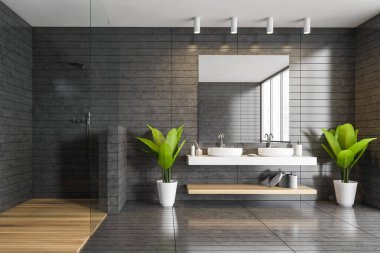 Gri fayanslı duvarları olan modern banyo, duş kabini ve aynalı çift lavabo. 3d oluşturma