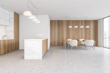 Ahşap ve beyaz duvarları, beton zemini, bar ve yemek masası olan modern mutfağın yan görüntüsü. 3d oluşturma