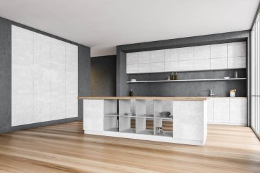 Beyaz ve ahşap mutfak, pencere ve parke döşeme, yan görüş, bulaşık için yeri olan beyaz kesim masası. Gri mutfak seti, 3 boyutlu donanım, insan yok.