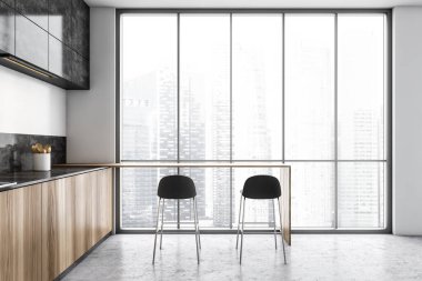Siyah ve ahşap mutfak, iki siyah bar sandalyesi ve tezgahı var, şehir manzaralı gökdelenler. 3D pencerenin yanında mermer zemini olan lüks minimalist mutfak, insan yok.