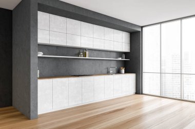 Masada ve masada rafları, yan manzarası, fırını, lavabosu ve mutfak aletleri olan beyaz ve gri mutfak seti. 3D pencerenin yanına kurulmuş lüks minimalist mutfak, insan yok.